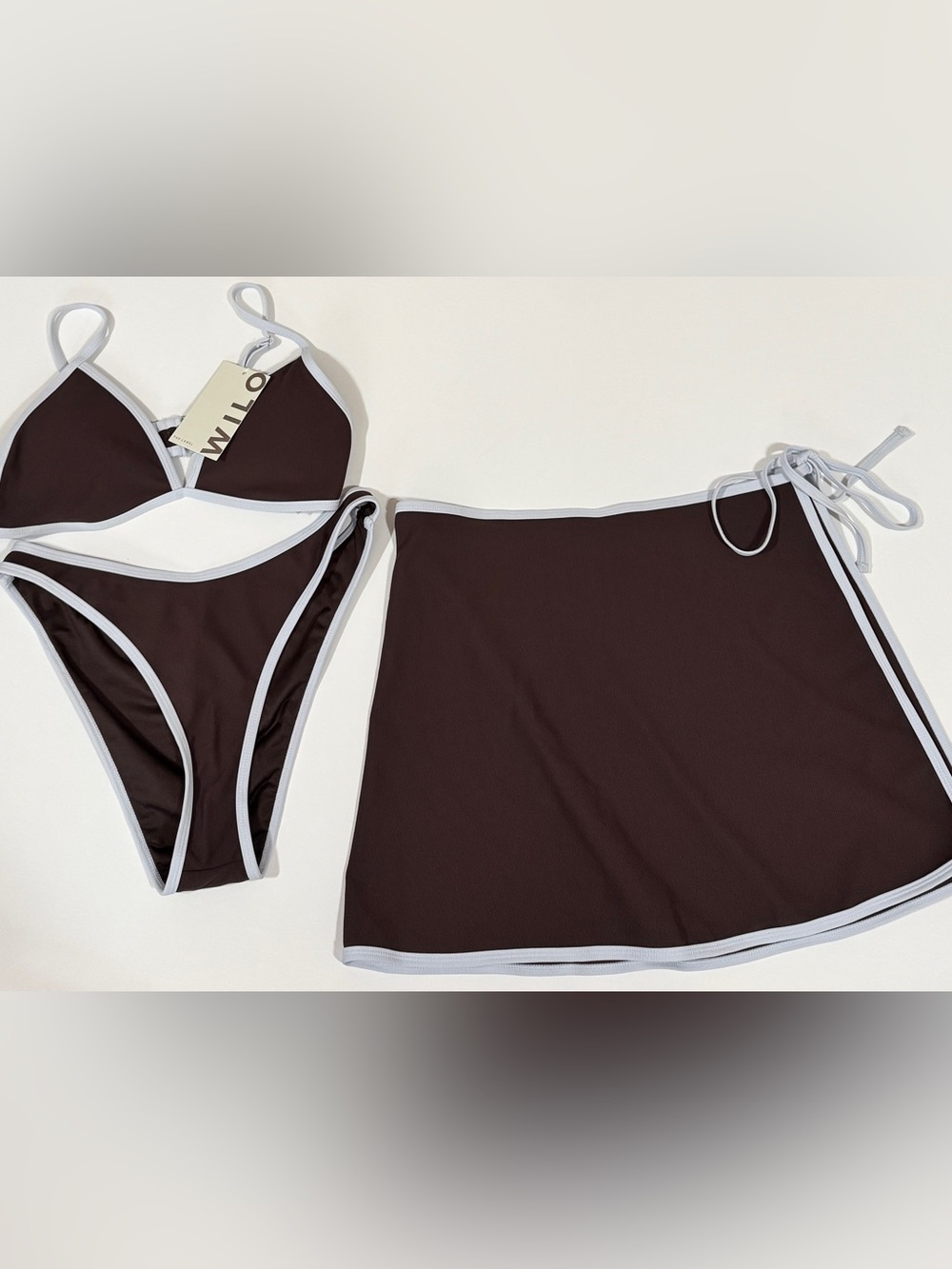 Wilo The Label 3PC Bikini Set w Skirt Chocolate Contrast Trim NWT Medium